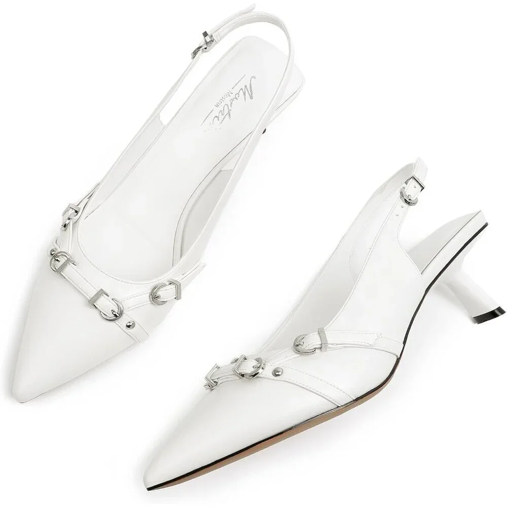 Women's White PU Pointed Toe Pumps Patent Leather Low Heel Slingback with Buckle